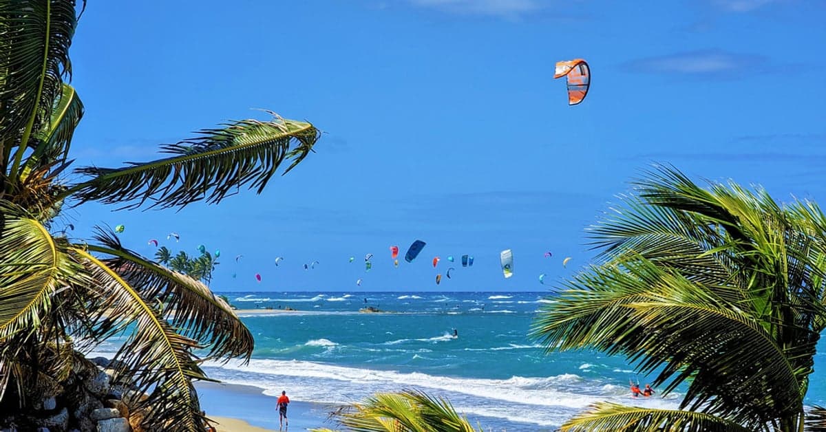 Kitesurfers off the beach at Cabarete, Dominican Republic