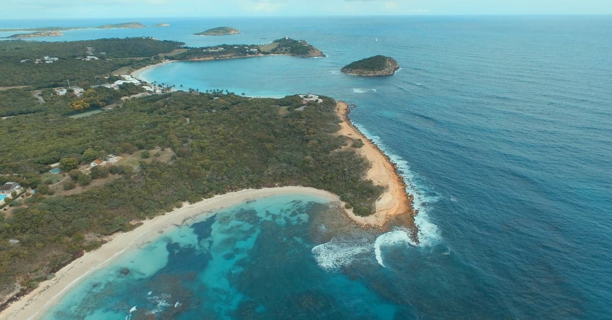 Half Moon Bay and Exchange Bay, Antigua, from above