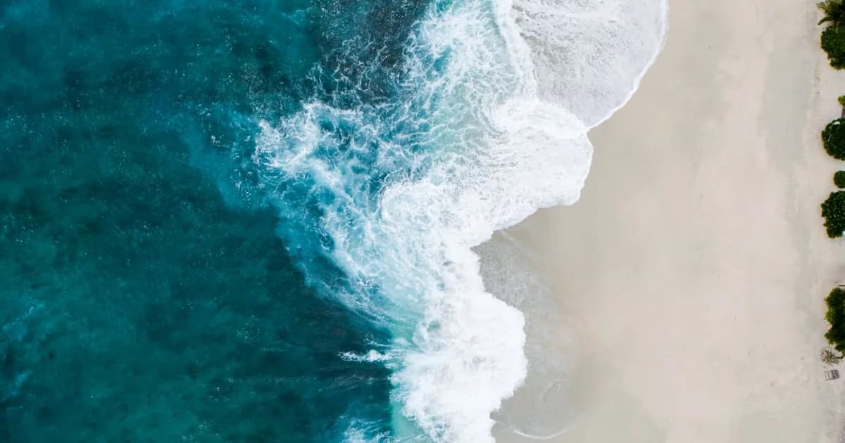 Surf washing onto a sandy beach, from above