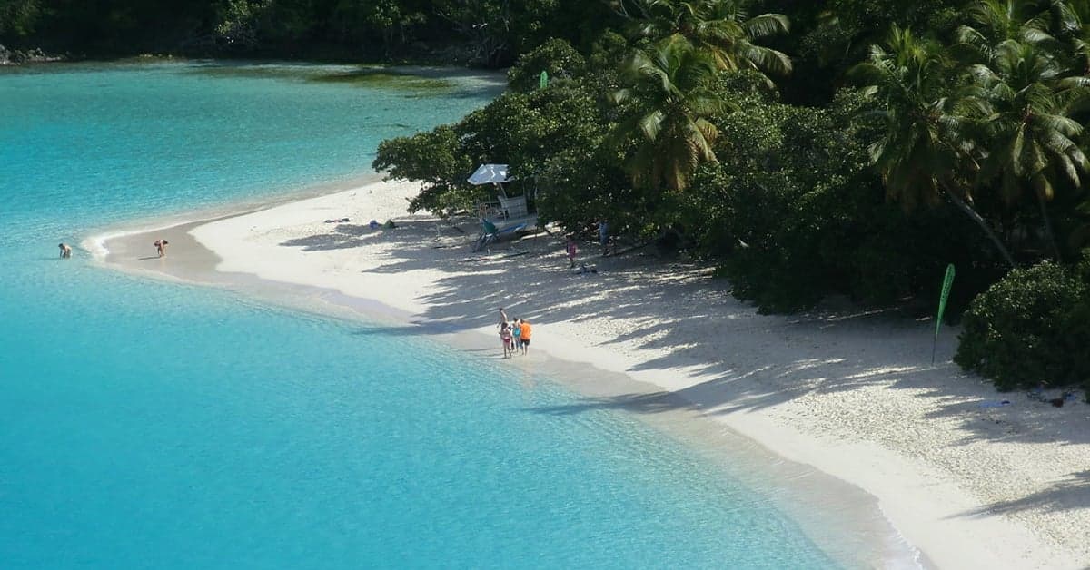 Turquoise water and a white sand spit at Trunk Bay, US Virgin Islands