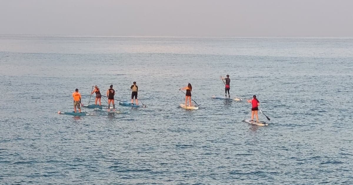 Stand-up paddleboarders on calm water off a beach