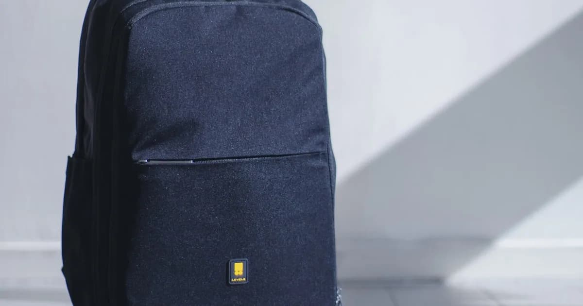 A dark backpack against a white wall