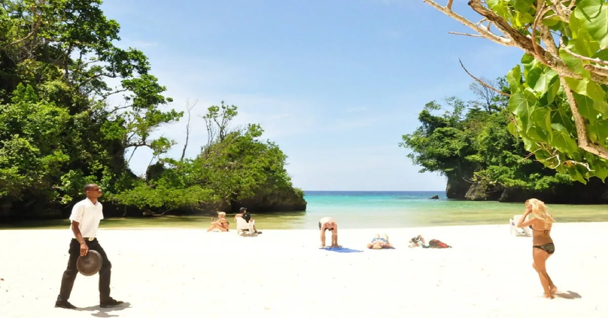 The lush tropical setting of Frenchman's Cove beach in Portland, Jamaica