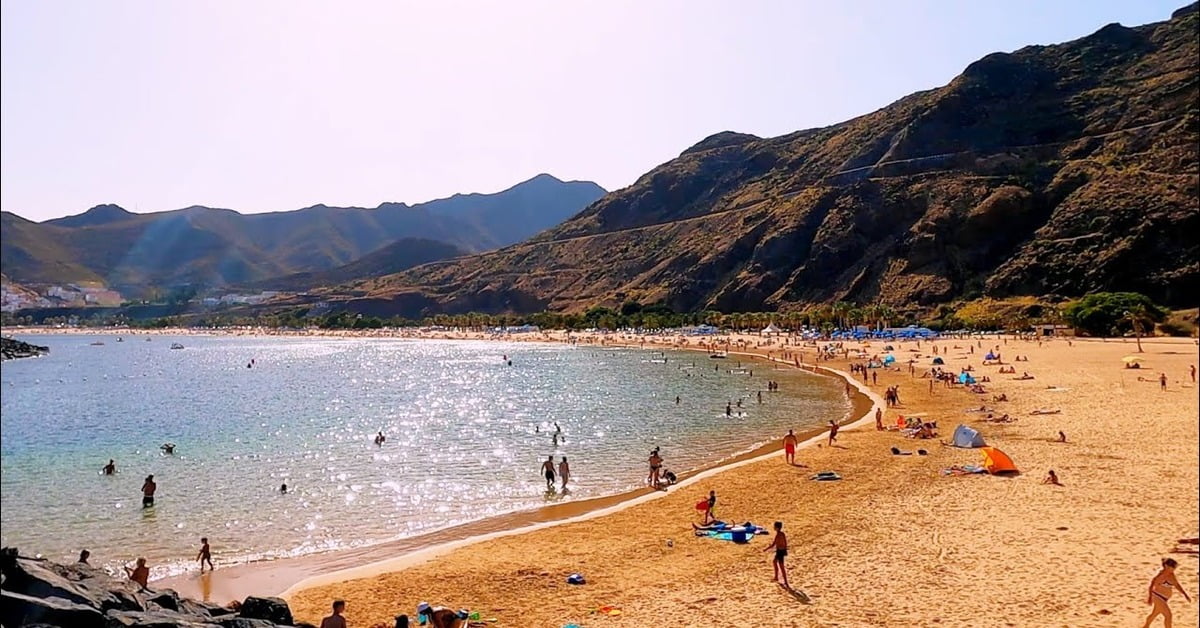 The sweeping golden sands of Las Teresitas Beach in Tenerife with palm trees and the Anaga Mountains behind
