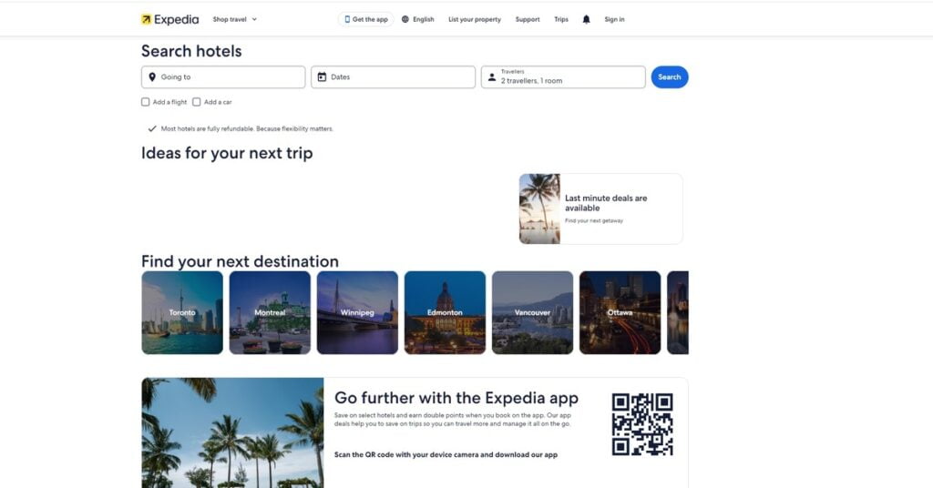 Expedia booking interface displaying flight and hotel search results