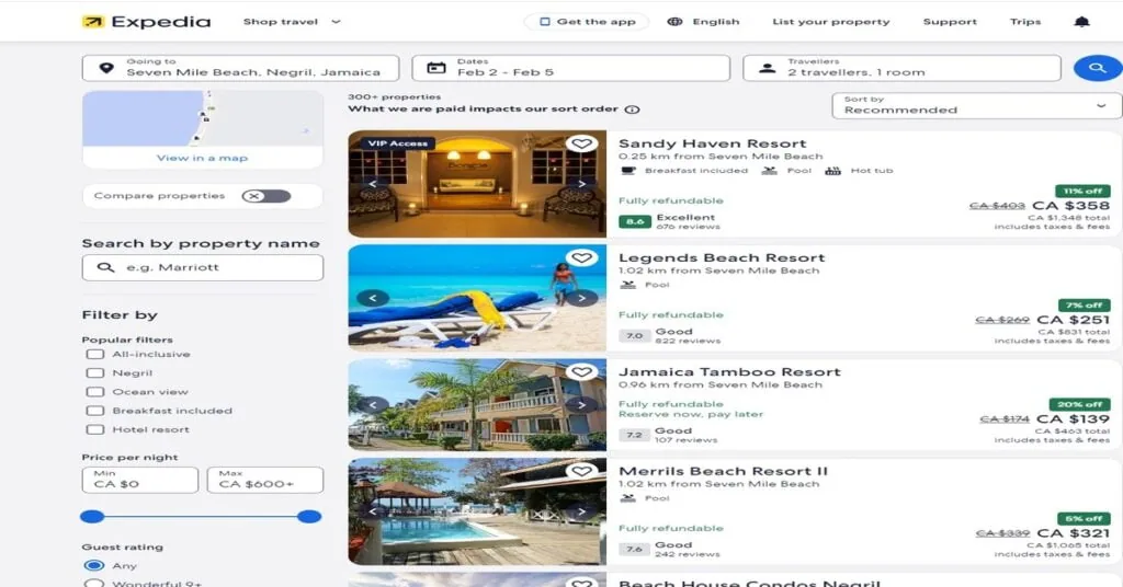 Travel booking website showing price comparison for beach holiday deals