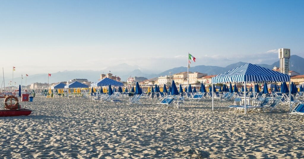 The elegant art nouveau promenade and sandy beach of Viareggio in Tuscany