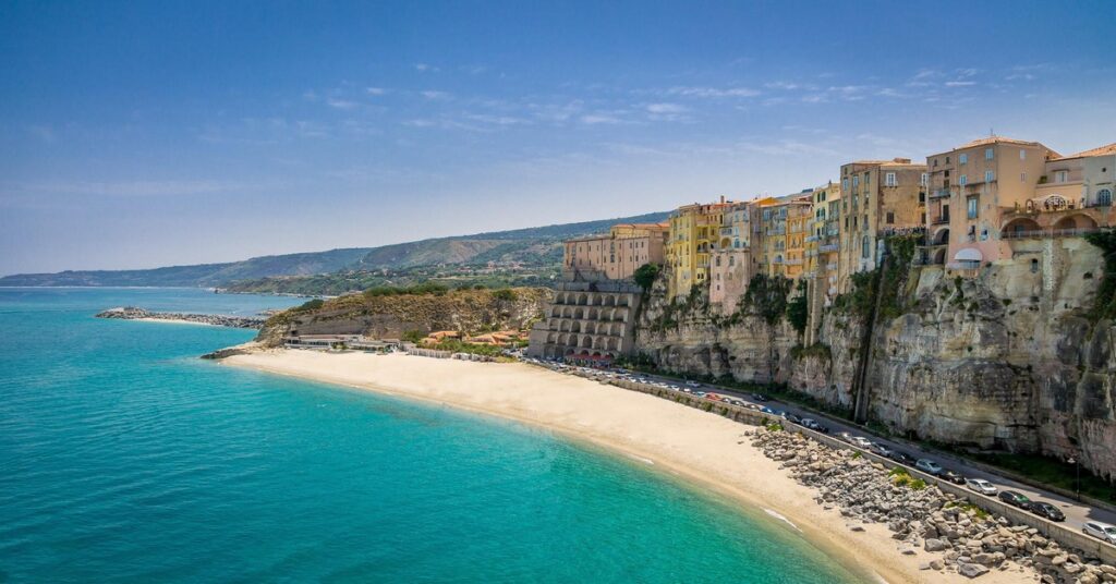 The dramatic clifftop town of Tropea overlooking turquoise waters in Calabria