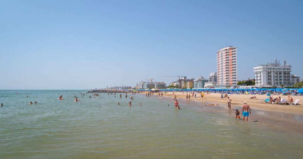 The expansive golden sands and clear waters of Lido di Jesolo near Venice