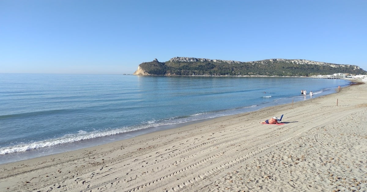Poetto Beach near Cagliari, Sardinia, a long urban beach with restaurants and playgrounds along the promenade