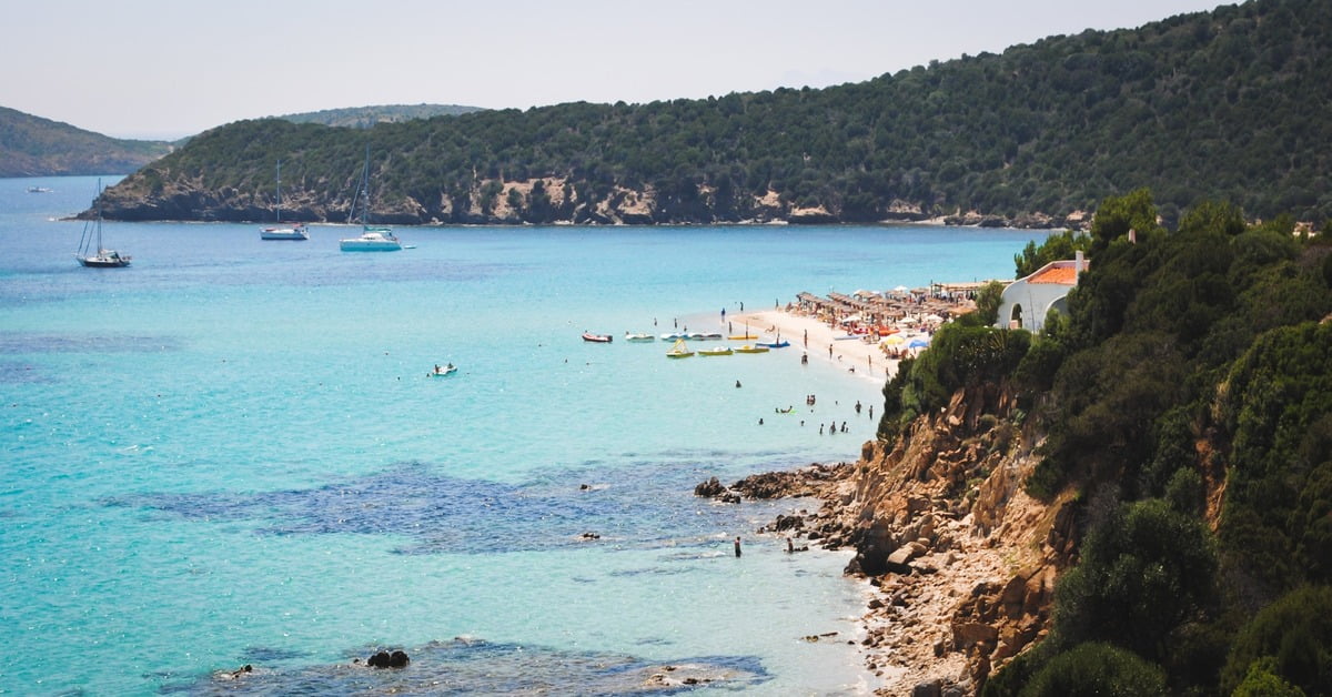 Tuerredda Beach in southern Sardinia with calm, shallow turquoise water perfect for families with children