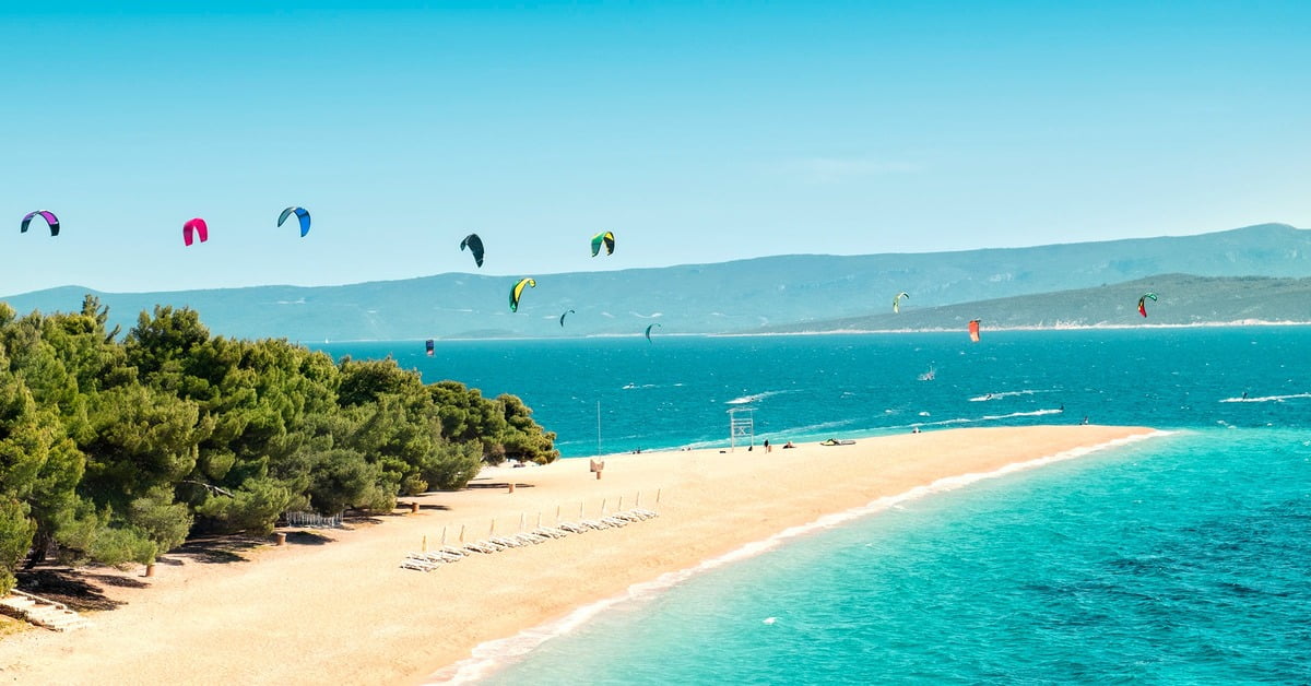 Zlatni Rat beach on the island of Brac, Croatia, with its distinctive horn-shaped spit of white pebbles