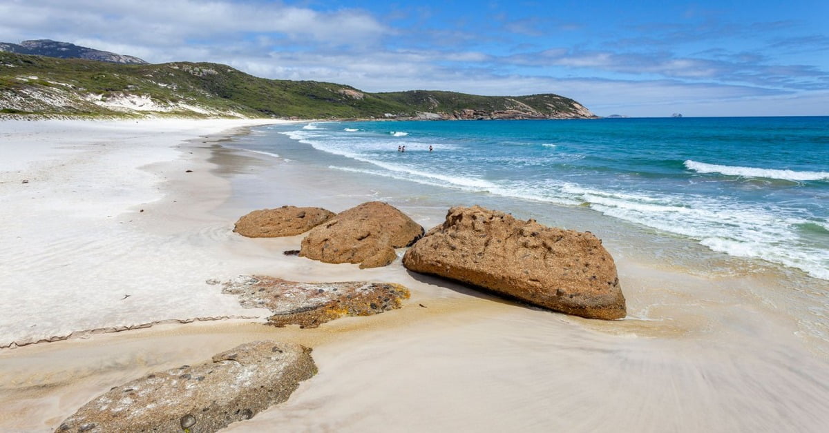 Squeaky Beach in Victoria, Australia with rounded granite boulders