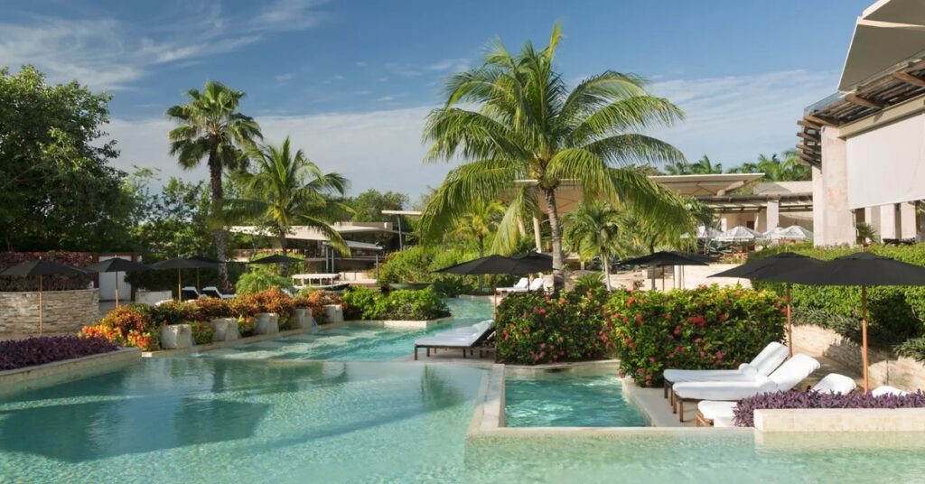 Rosewood Mayakoba resort in Mexico with lagoon and lush greenery