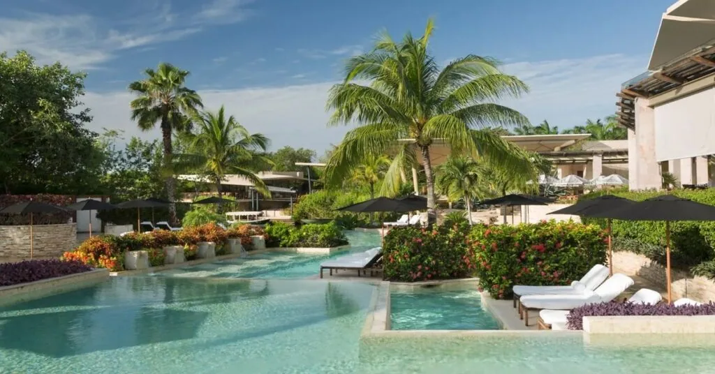 Rosewood Mayakoba resort in Mexico with lagoon and lush greenery