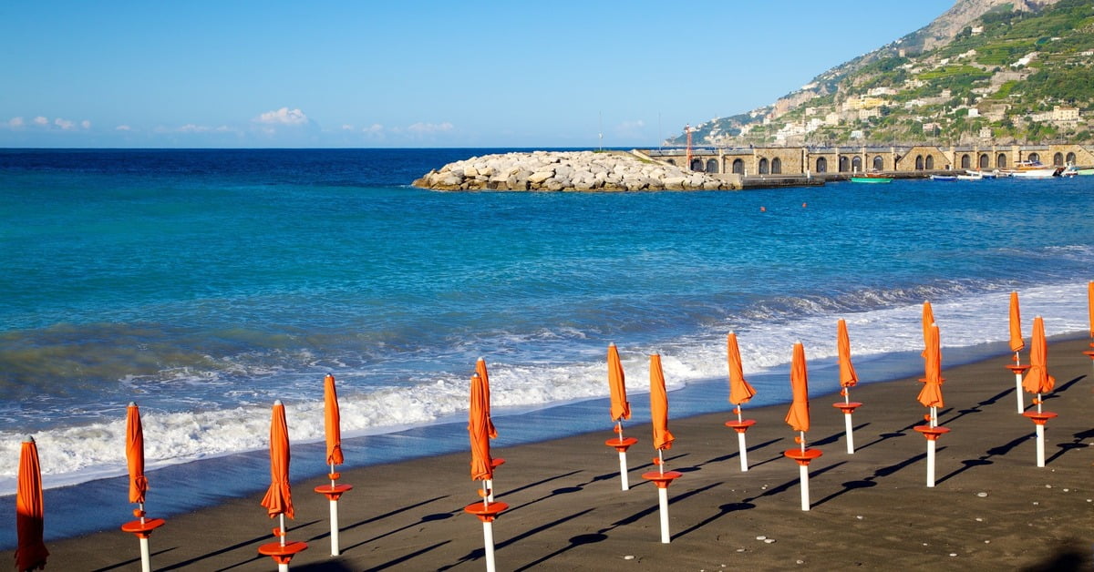 Maiori Beach, the longest stretch of sand on the Amalfi Coast, with a wide promenade and family-friendly amenities