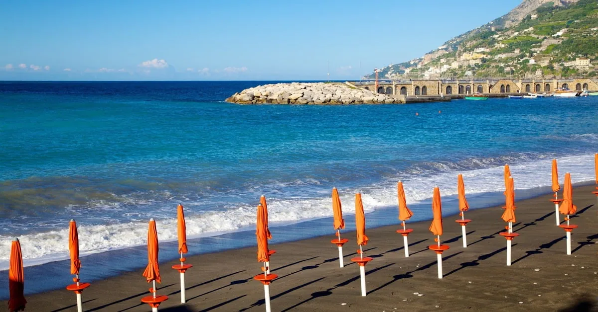 Maiori Beach, the longest stretch of sand on the Amalfi Coast, with a wide promenade and family-friendly amenities