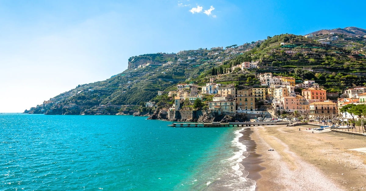 Minori Beach on the Amalfi Coast, a small and welcoming beach known for its excellent beachfront restaurants