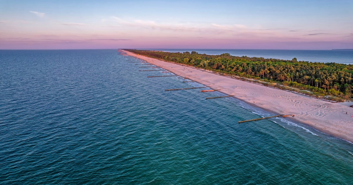 Narrow sandy Hel Peninsula stretching into the Baltic Sea in Poland