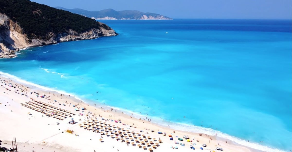 Dramatic Myrtos Beach in Kefalonia, Greece with white pebbles and deep blue water