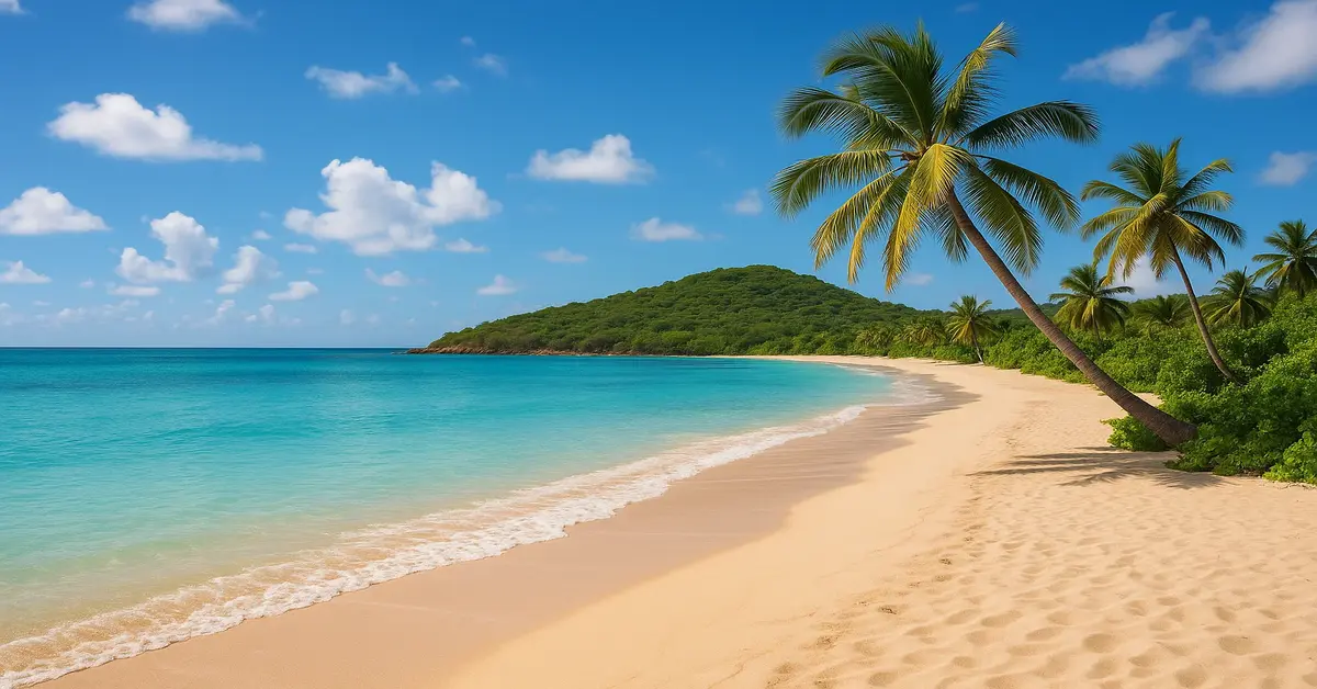 Secluded crescent-shaped beach at Hawksbill Bay, Antigua with lush tropical foliage