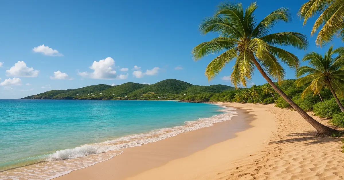 Hidden cove at Happy Bay on the French side of St. Martin with palm trees