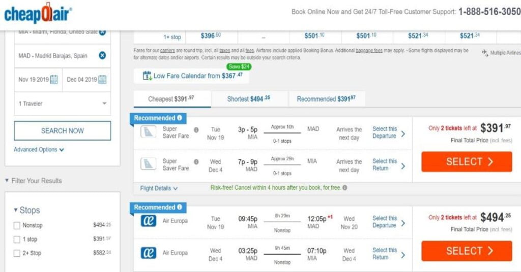 CheapOair flight booking platform showing affordable tropical flight deals