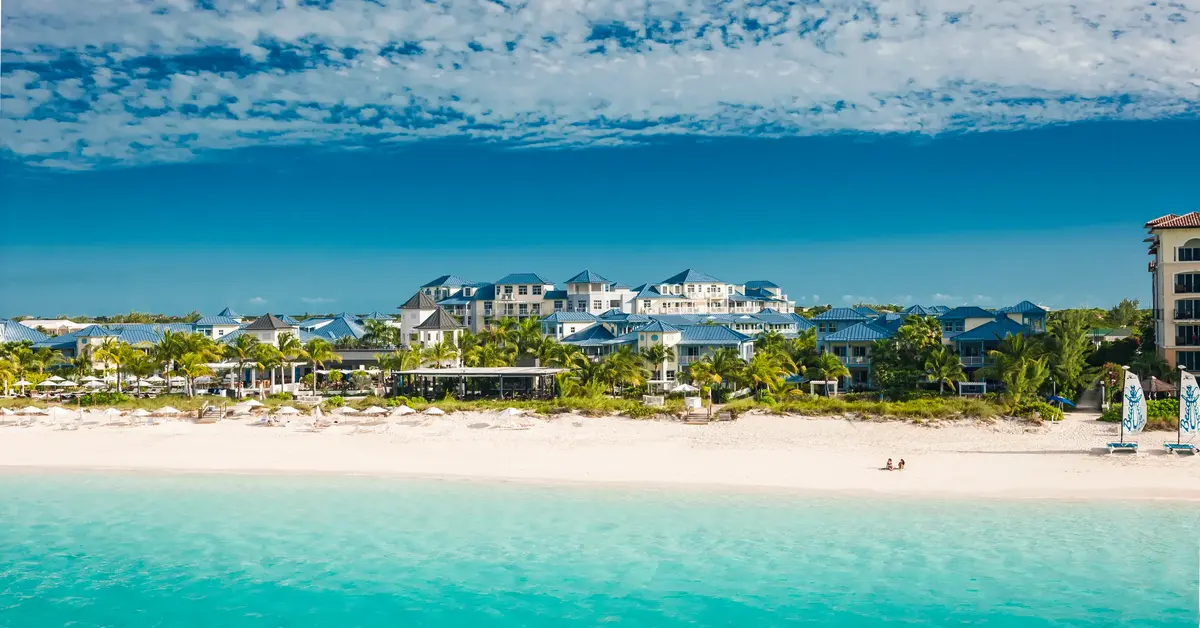 Aerial view of Beaches Turks and Caicos resort with its multi-village layout and waterpark