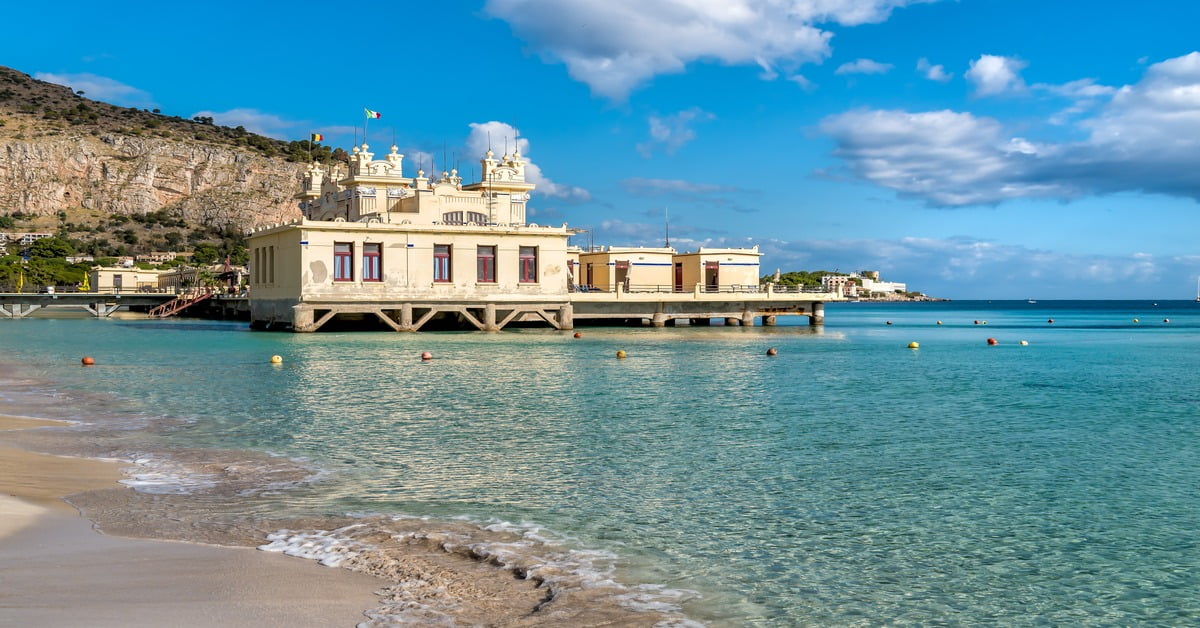 Mondello beach near Palermo with its historic bathhouse and clear shallow waters