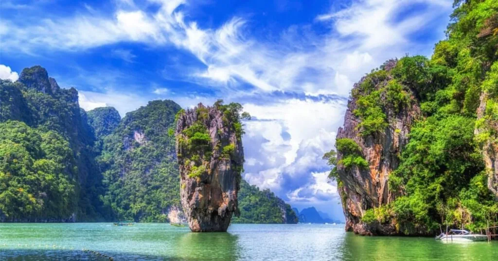 Stunning Phang Nga Bay in Thailand with emerald waters and limestone cliffs