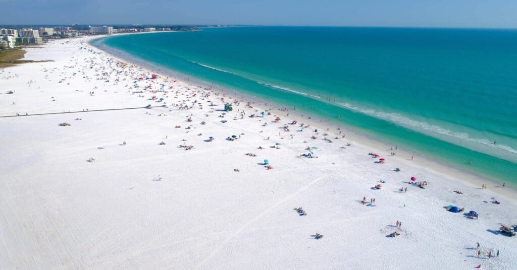 Aerial view of Siesta Key Beach and its famous quartz-crystal sand